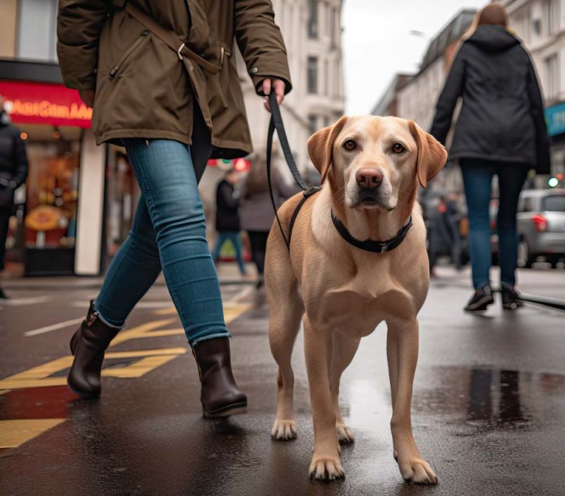 lab-in-city well behaved labrador retrieve walking on city street.