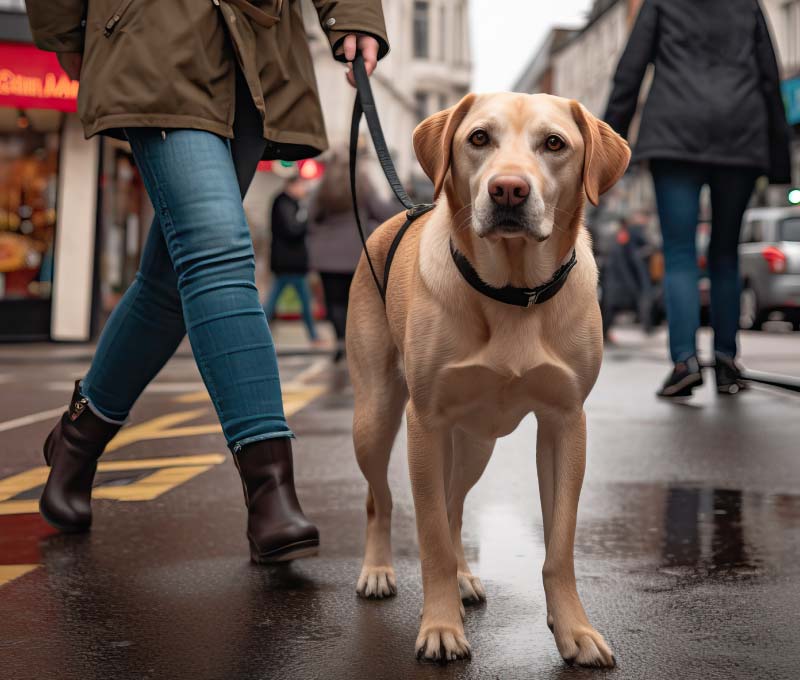 Well behaved labrador on busy city street