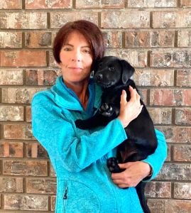 dog trainer, Janice Gunn, with her new obedience prospect, Chime, A Labrador Retriever puppy